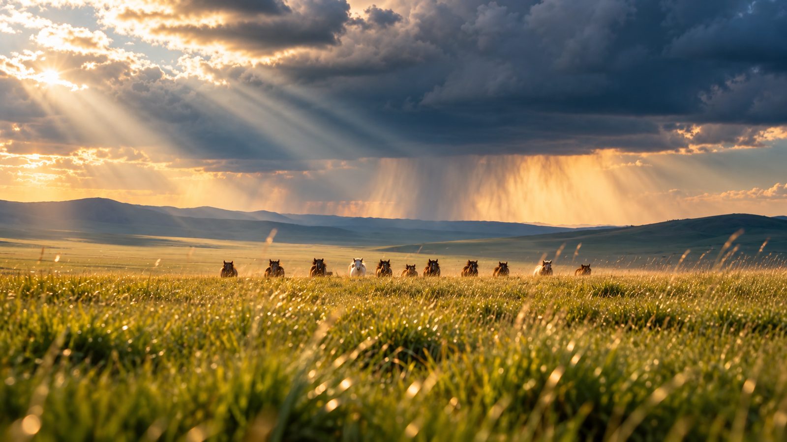 Horses grazing under sunbeams on the Mongolian steppe